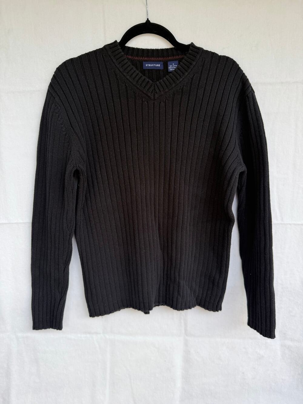 VTG Structure Men's Black Ribbed V-Neck Long Sleeve Pullover 100% Cotton Medium